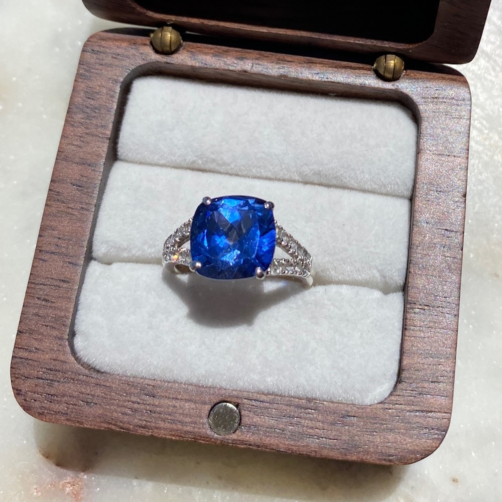 ZALES Cushion-Cut Royal BLUE and White Sapphires Ring - Picture 6 of 11